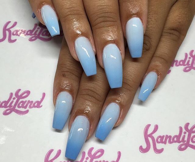 Long Light Blue Ombre Coffin Manicure