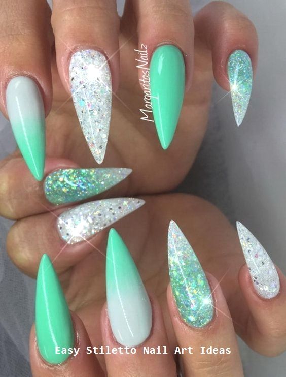 Silver and Green Acrylic Nail Art design 