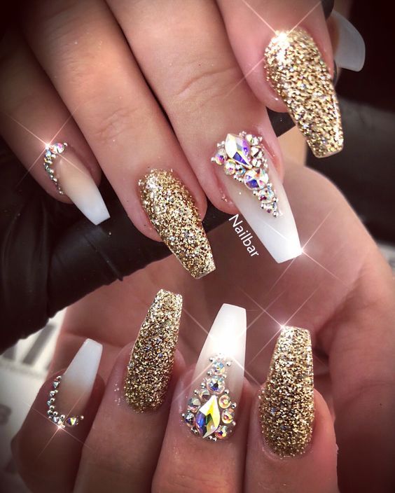 White gold with Rhinestones Long Acrylic Nails Designs