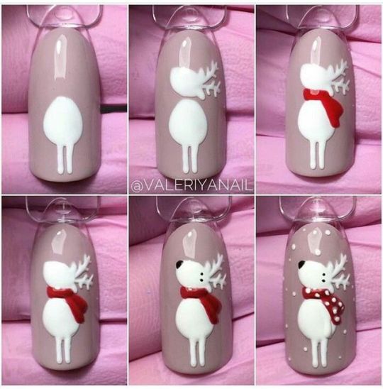 Cream and White Reindeer Nails 