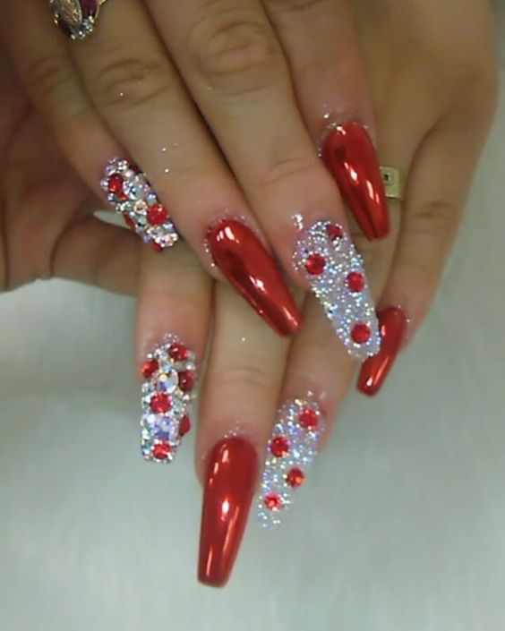  Red Nails with Silver Glitter 