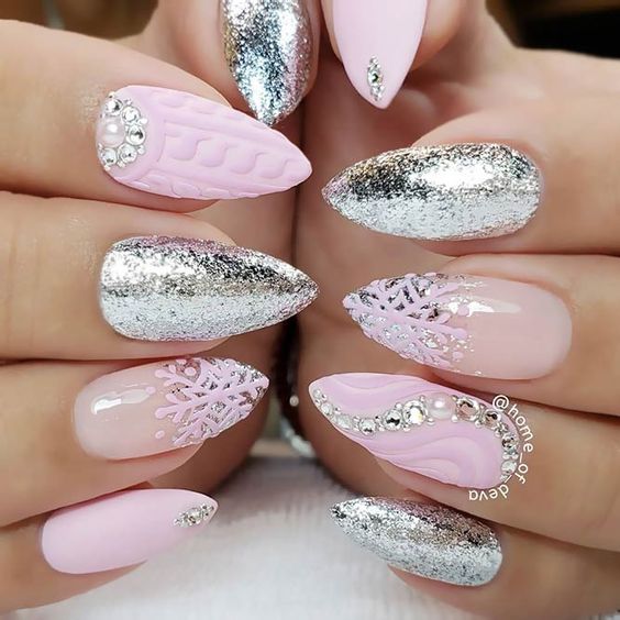 Pink and Silver Christmas Holiday Nails 