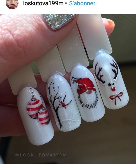 Beautiful White Nails with Christmas Designs