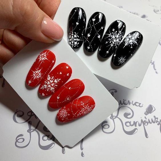 Christmas nails black and red with snow flakes 