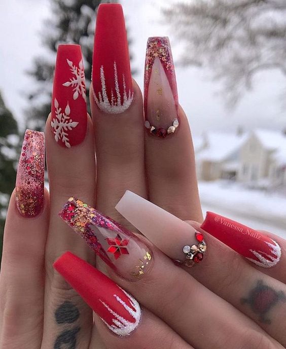 Rhinestones Long red nails With White Snow and Snowflake Design