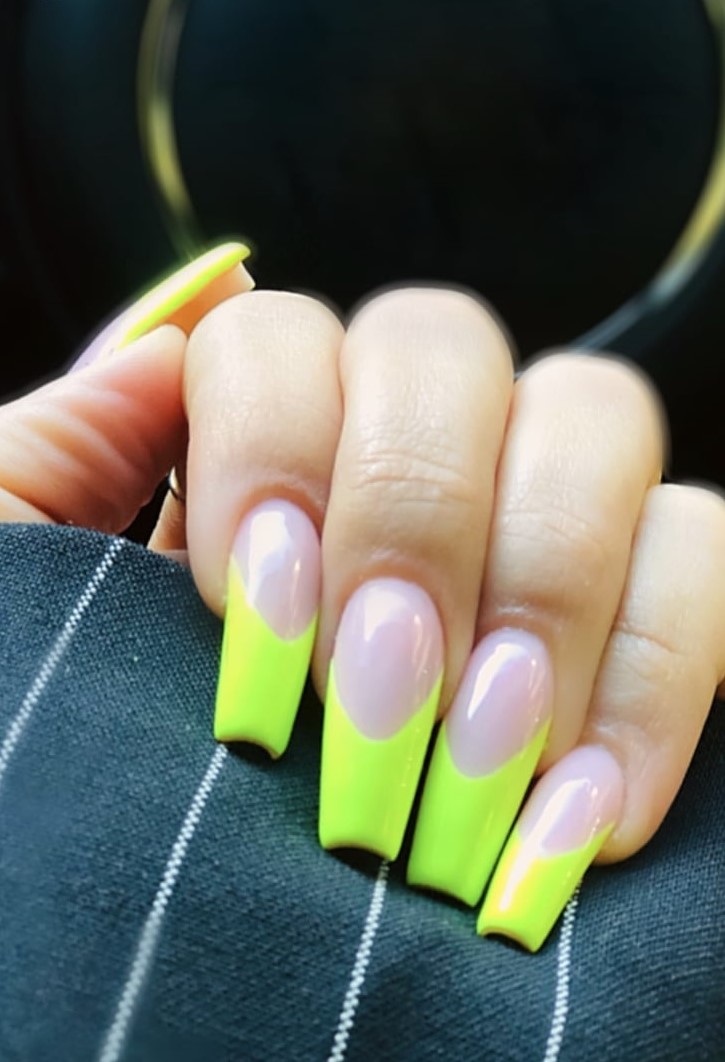 Long tip Nails with green nail polish french