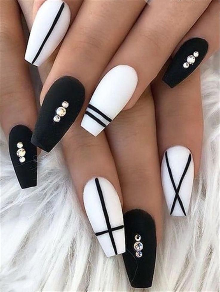 White and black Coffin nails with Rhinestones