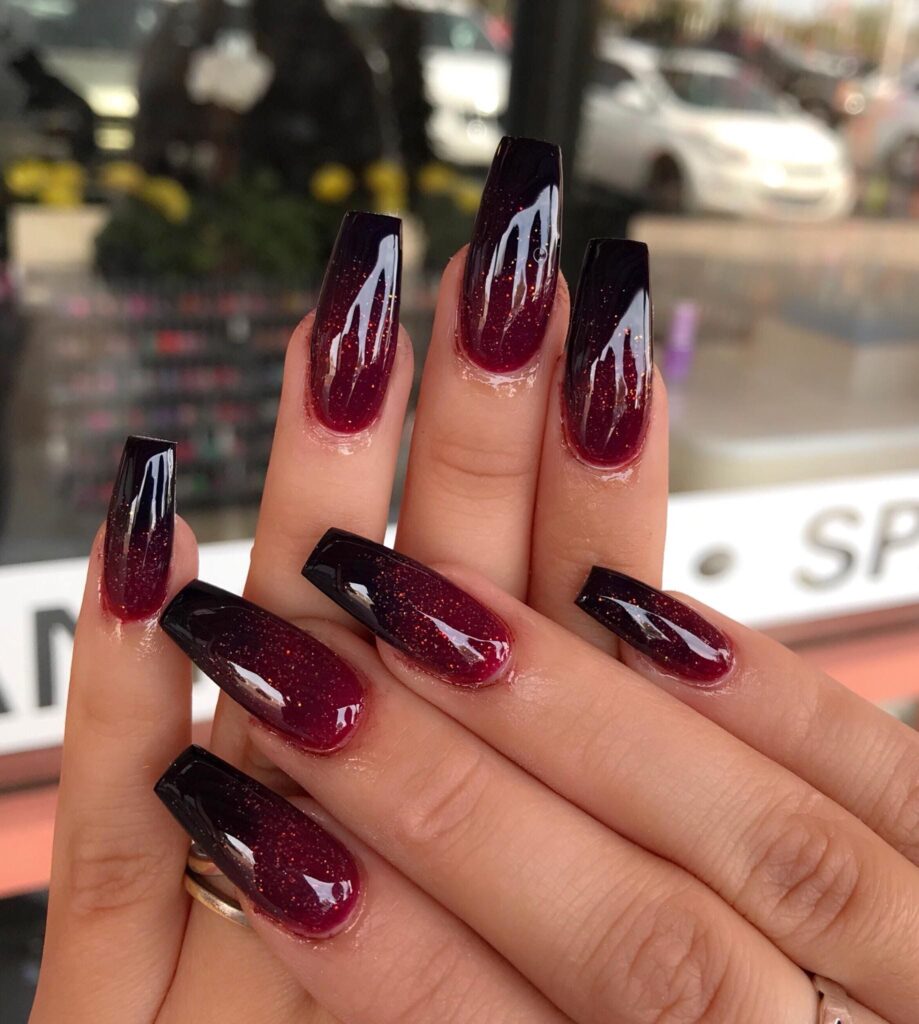 Ombre Black and Red Acrylic Nails