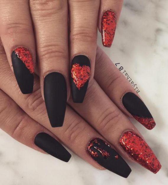 Glitter Black and Red Nails