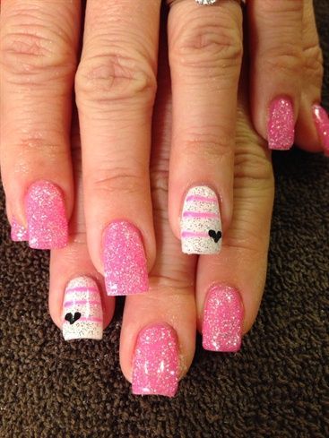 glitter pink and white stripped short heart valentines nails