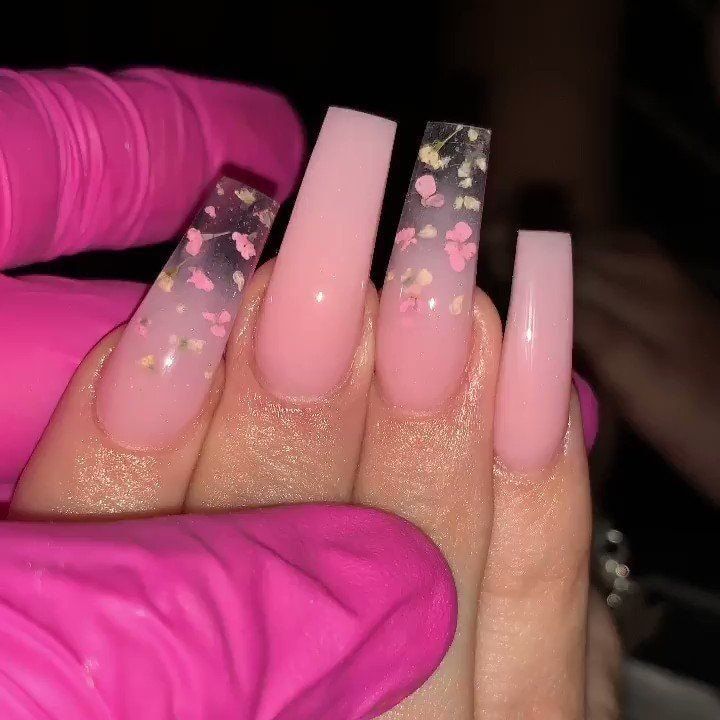 Ombre pink coffin floral nails design valentines 