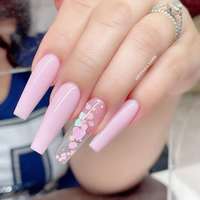 long Pink valentine's nails Design ideas with Heart Design. 