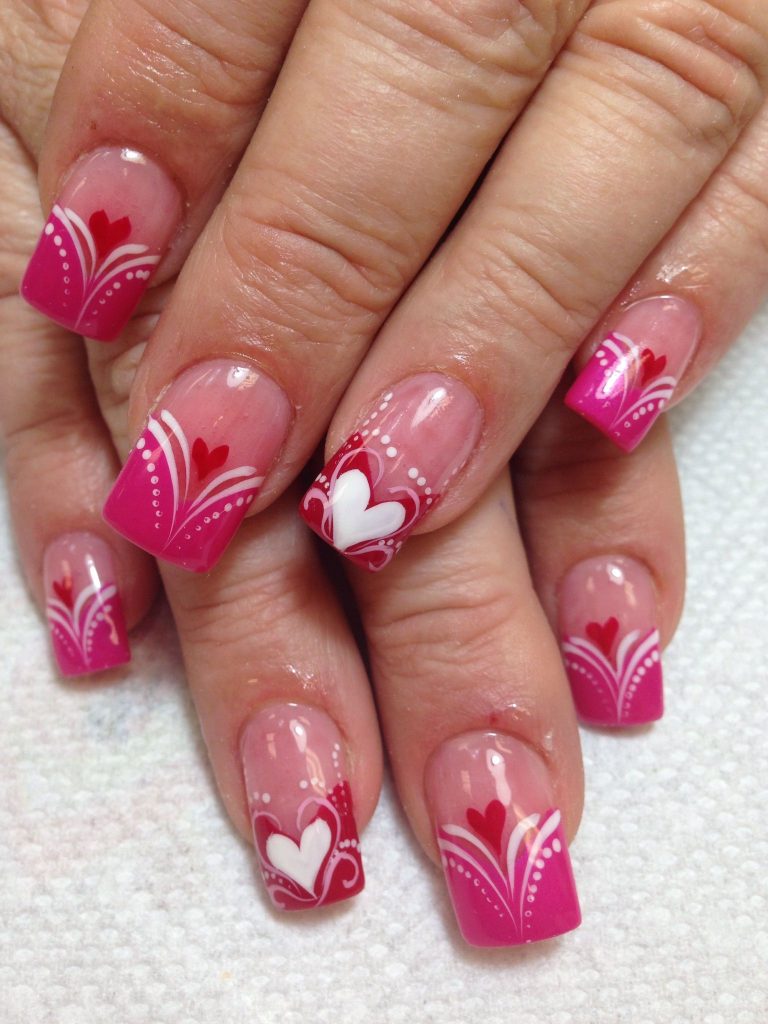 Medium length Nails Designs with Heart Valentines Designs 