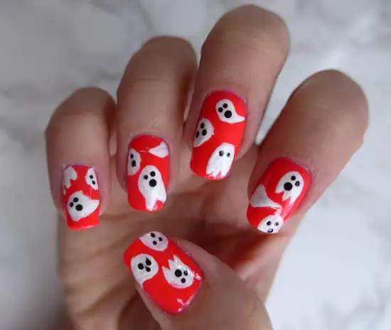 Gorgeous Red Nails with Ghost design Idea