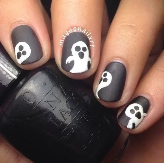 Gray and White Halloween Nails with Ghost Design