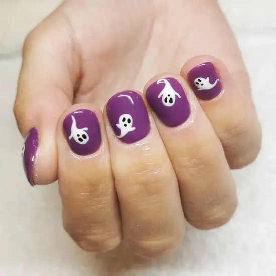 Short Purple Nails with Ghost design