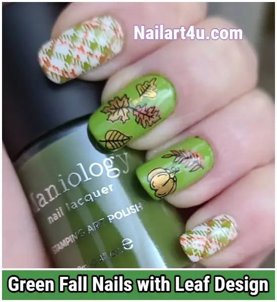Green fall nail with leaf