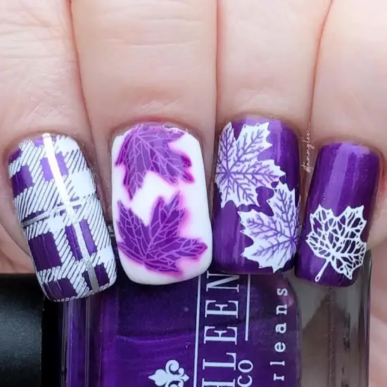Purple Fall Nail Design with Leaf
