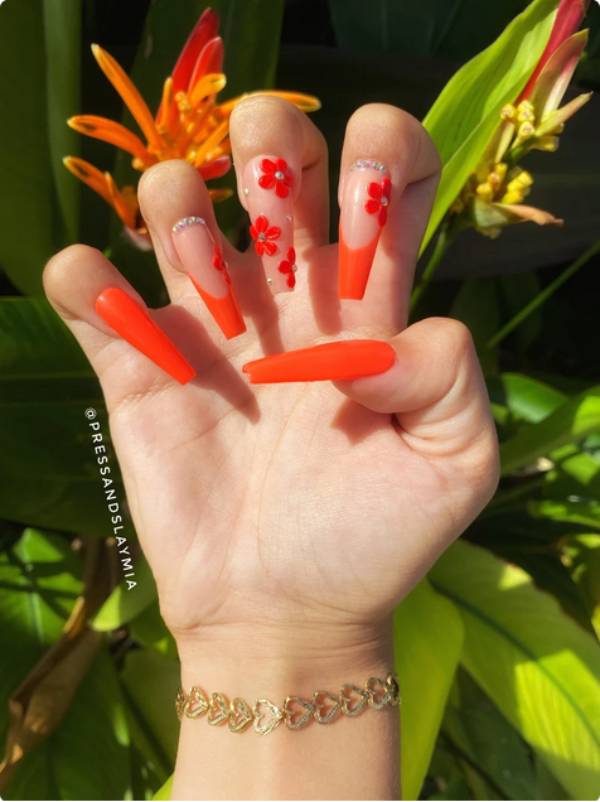 3D Orange Blossom Flower Art Deep French Tip Custom Press On Nails