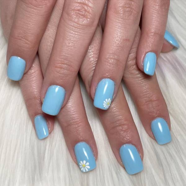 Blue with floral design Short Squoval Acrylic Nails