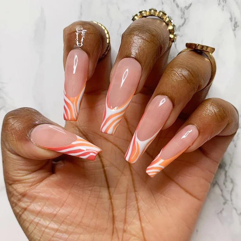 Orange Red White French Tip Ombre Swirl Abstract Press On Nails