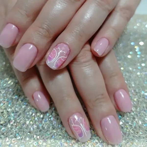 Short Pink butterfly Squoval Acrylic Nails