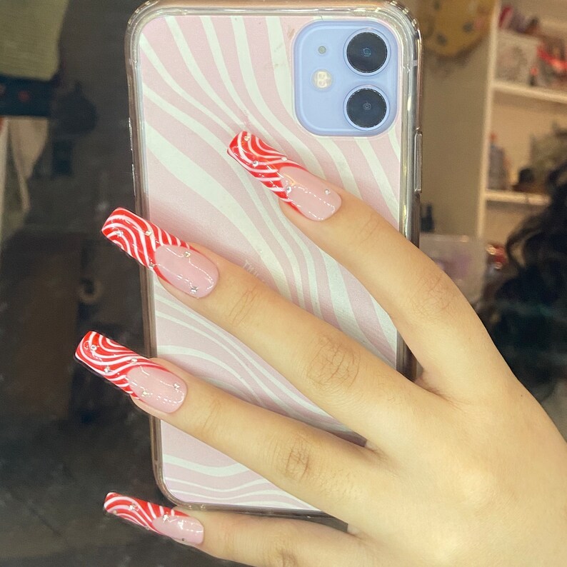 Swirl Red & White French Tip Press on Nails