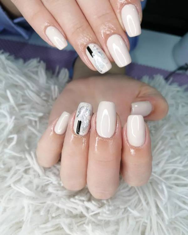 White Squoval Acrylic Nails with Silver design