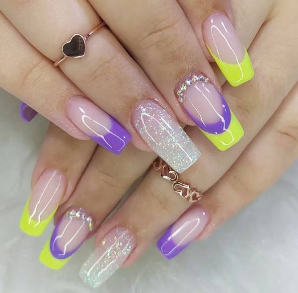 Yellow and Purple Medium Squoval Acrylic Nails