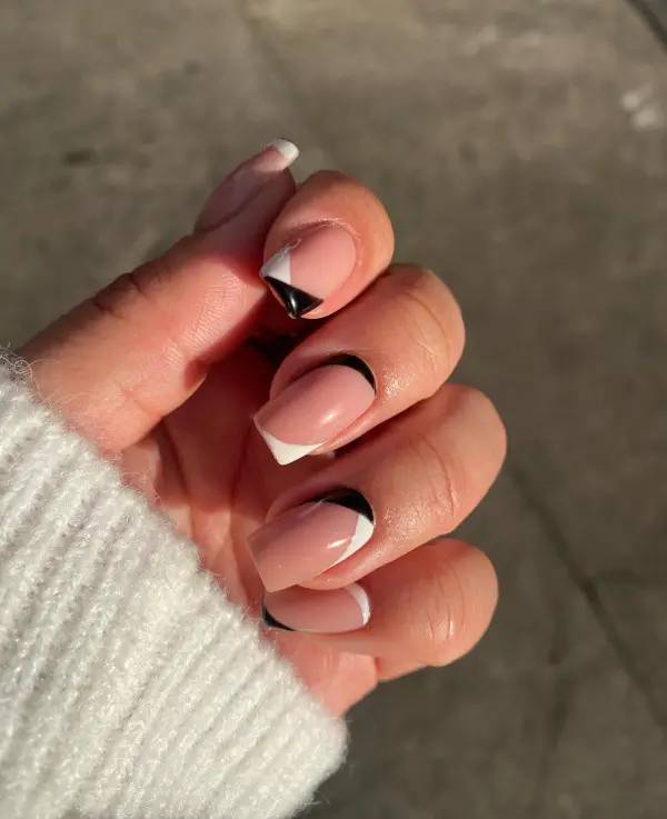 black and white Half french tip Squoval Acrylic Nails