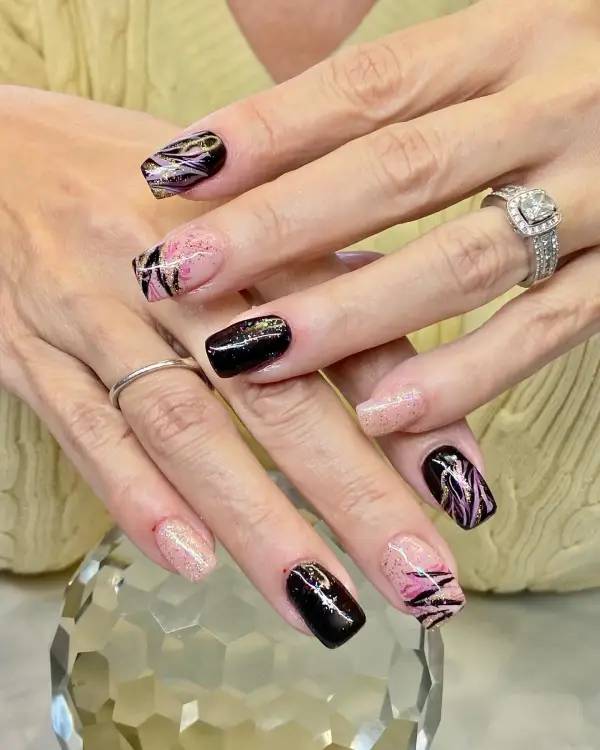 cute black and pink Squoval Acrylic Nails