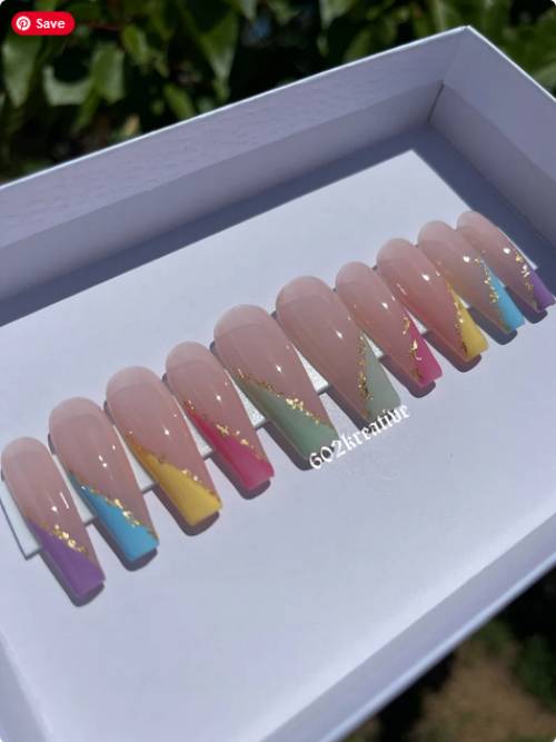 pastels with gold flakes press on nails 