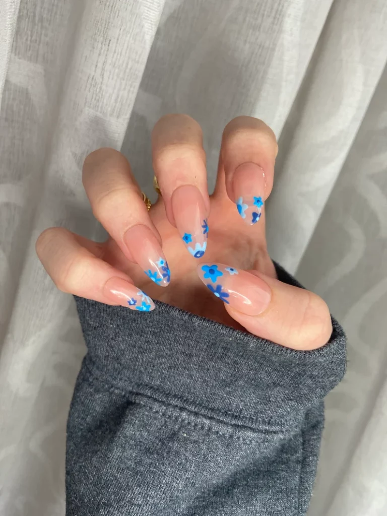 Blue Shades Flowers French Tips Summer Press On Nails