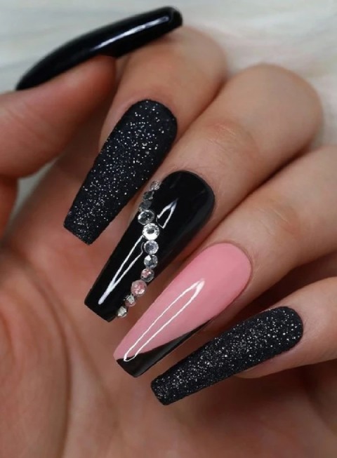 coffin Pink and Black Nails