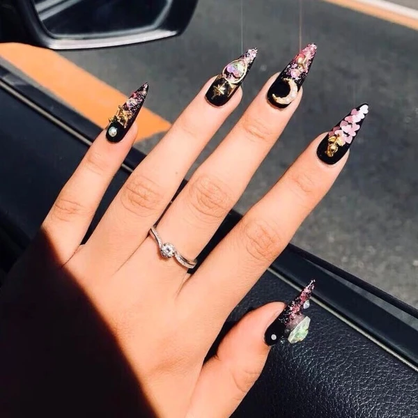 coffin Pink and Black Nails