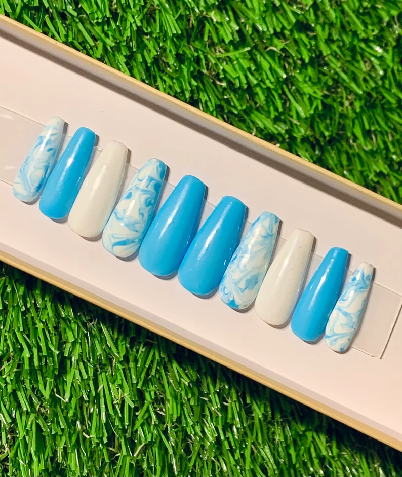 Blue and White Marble Press on Nails