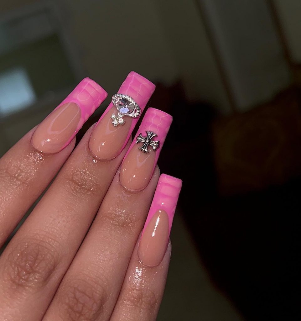 Cute Pink Nails with Flare Nail Shape and Design Idea