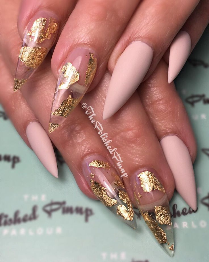 Long Gold Leaf Nail's design bright and Blinging