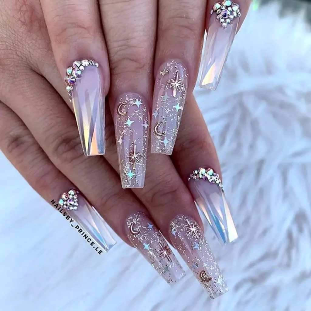 See True Nails with Rhinestone and moon and Star design ideas