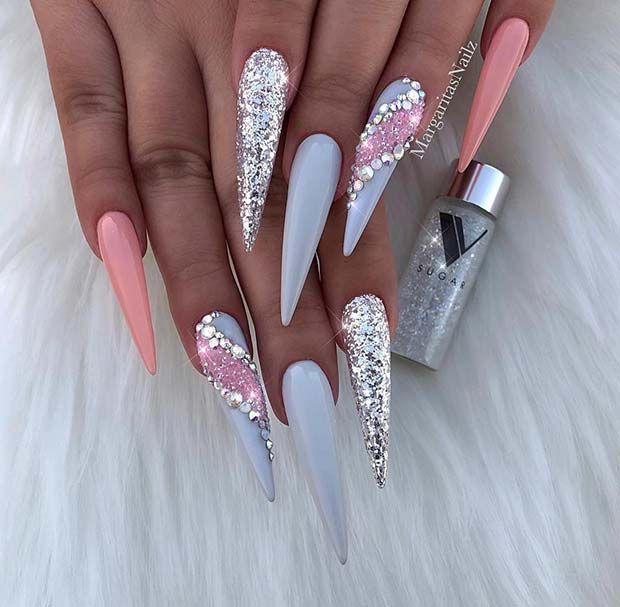 Rhinestone Bling Nails Long and Pointy with Pink and White Design