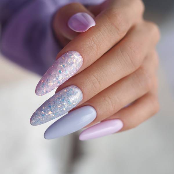 Long Oval Bling Nails With Pastel Purple Color