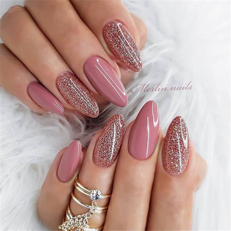 Gorgeous Oval Pink Bling Glitter Nails Design