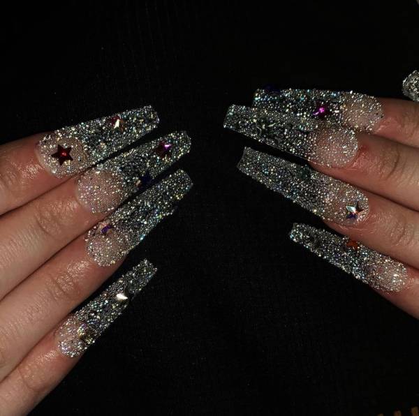 Glitter Nails with Silver Bling and Black Stars Design Ideas