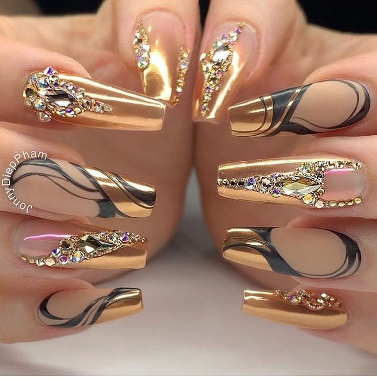 Bright gold nails with rhinestone design ideas