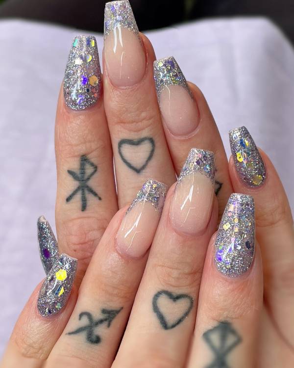 Silver French Tip Nails with Glitter and Cute