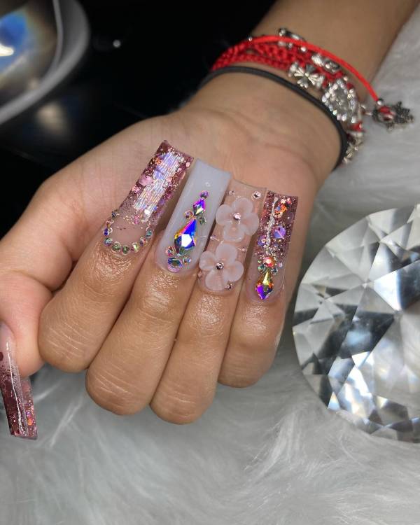 Bright Glitter Nails with Rhinestones Cute and long