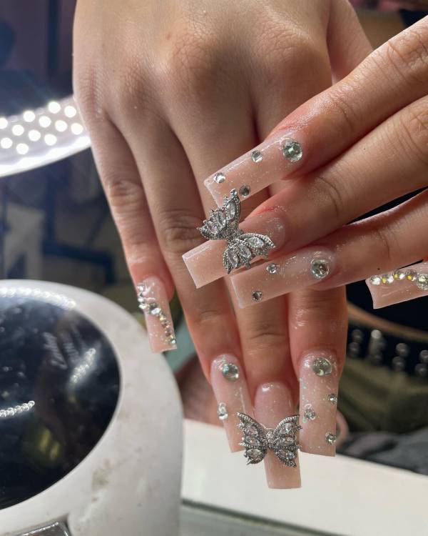 Long Cream Nails, Rhinestone, butterfly design 