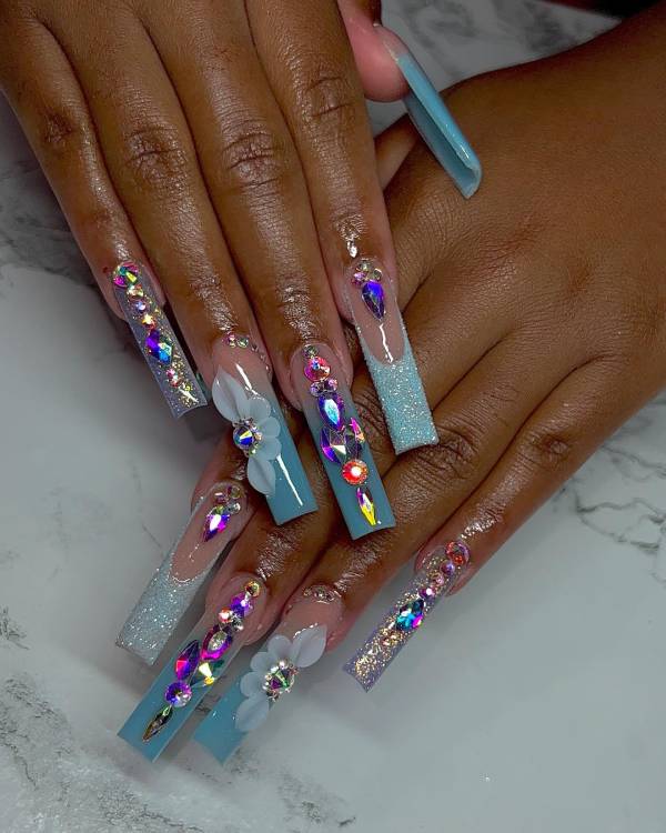 Long Blue, Silver, Rhinestones, French Tips Nails Design Ideas