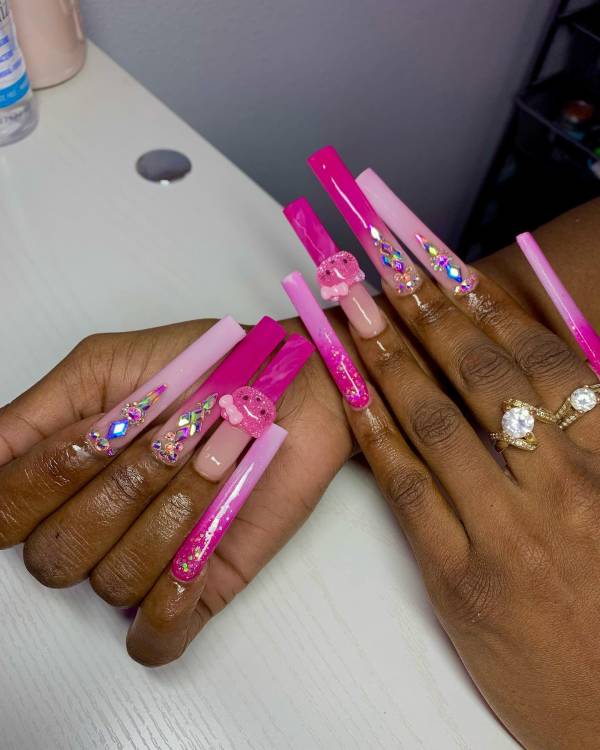 Long Ombre Pink nails with bling nails and Rhinestones Ideas