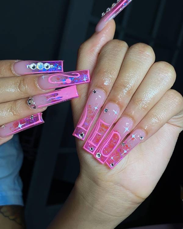 Long Pink Nails with Rhinestones design Ideas 